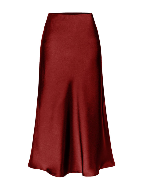 Satin High Waist Solid Color Split Midi Skirt Wine Red