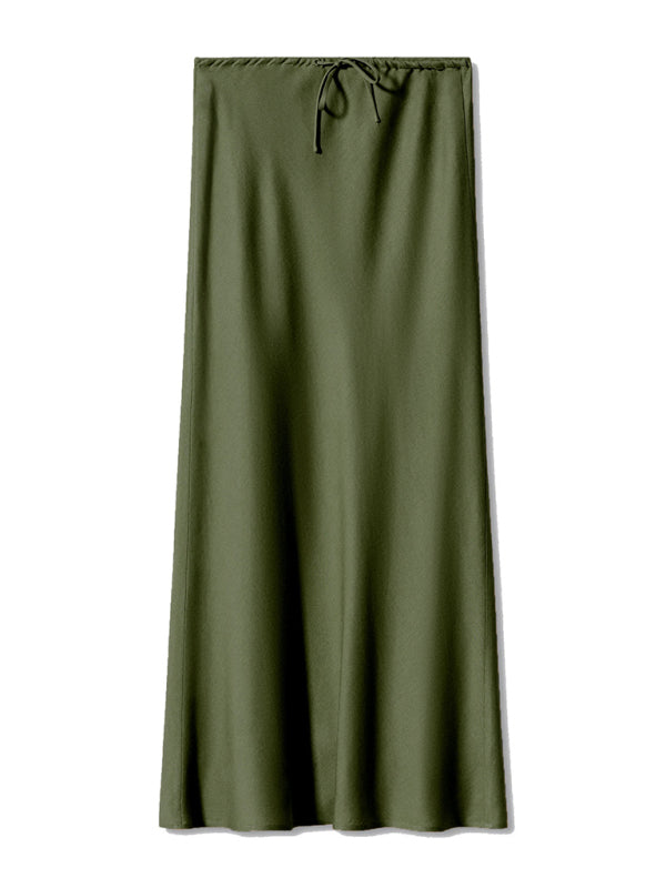 Satin Long Skirt High Waist Drawstring Tie Solid Color Halter Skirt Olive green