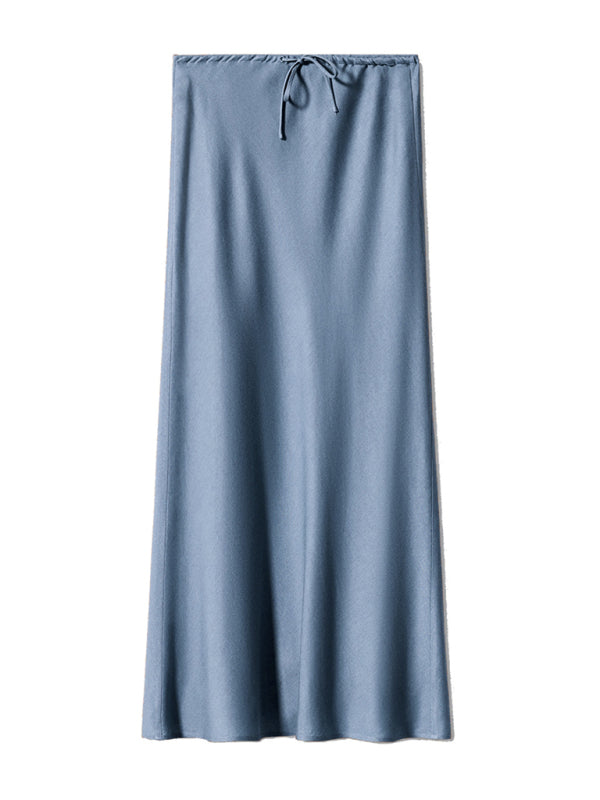 Satin Long Skirt High Waist Drawstring Tie Solid Color Halter Skirt Blue