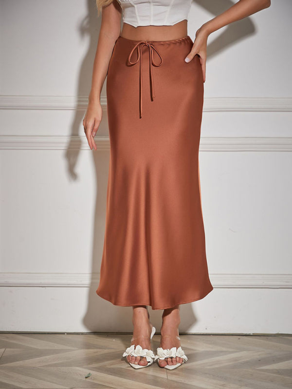 Satin Long Skirt High Waist Drawstring Tie Solid Color Halter Skirt Brown