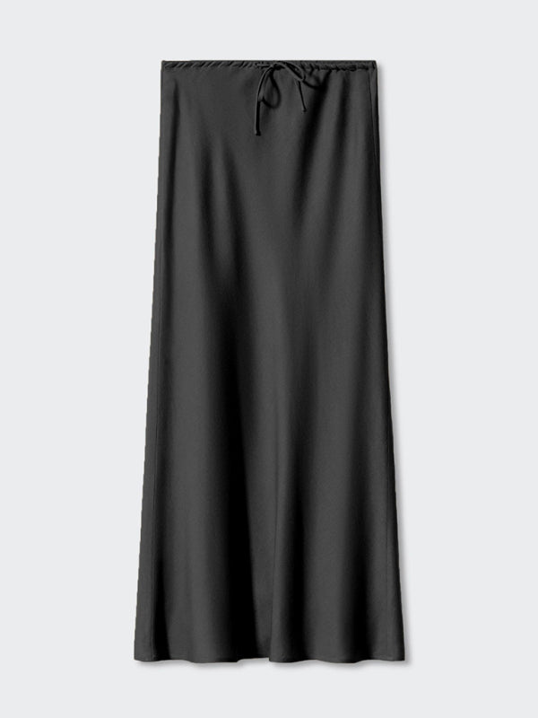 Satin Long Skirt High Waist Drawstring Tie Solid Color Halter Skirt Black