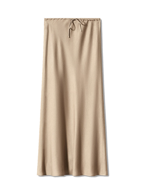 Satin Long Skirt High Waist Drawstring Tie Solid Color Halter Skirt Champagne