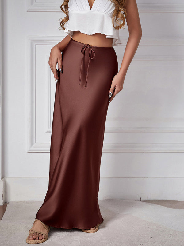 Satin Long Skirt High Waist Drawstring Tie Solid Color Halter Skirt Coffee