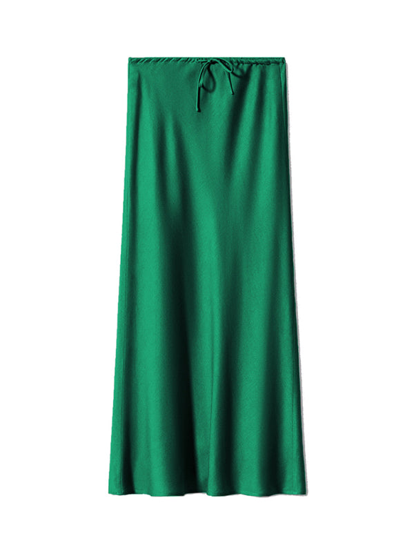 Satin Long Skirt High Waist Drawstring Tie Solid Color Halter Skirt Green black jasper