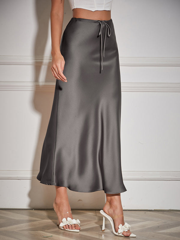 Satin Long Skirt High Waist Drawstring Tie Solid Color Halter Skirt Grey