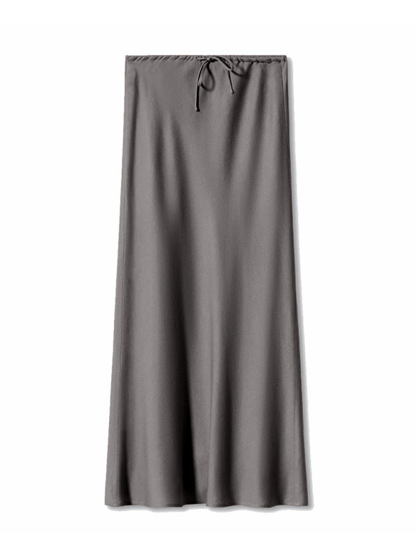 Satin Long Skirt High Waist Drawstring Tie Solid Color Halter Skirt