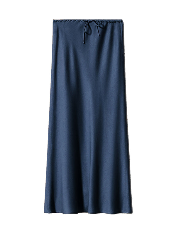 Satin Long Skirt High Waist Drawstring Tie Solid Color Halter Skirt Champlain color