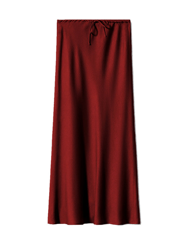 Satin Long Skirt High Waist Drawstring Tie Solid Color Halter Skirt Wine Red