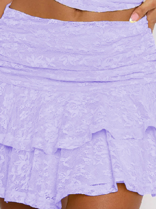 New multi-layer cake lace stacked skirt hot girl solid color sexy lace skirt Purple