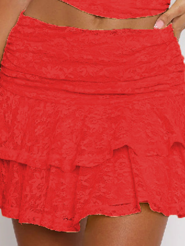 New multi-layer cake lace stacked skirt hot girl solid color sexy lace skirt Red