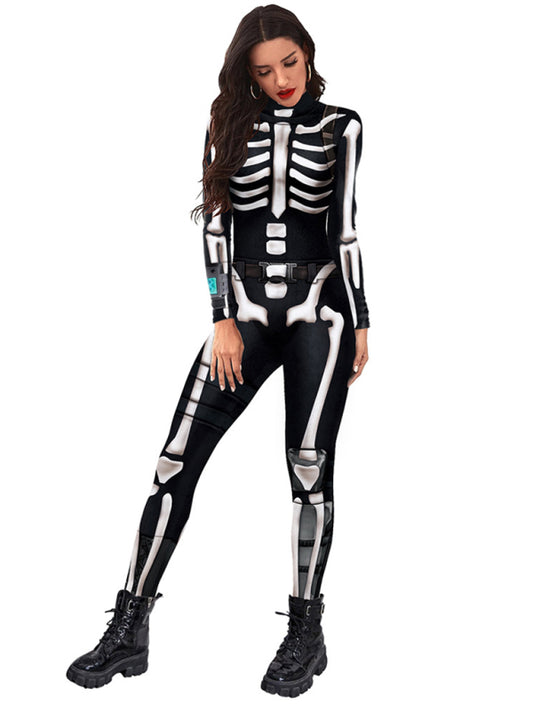 Women's Halloween Skull Skeleton Digital Print Jumpsuit Black