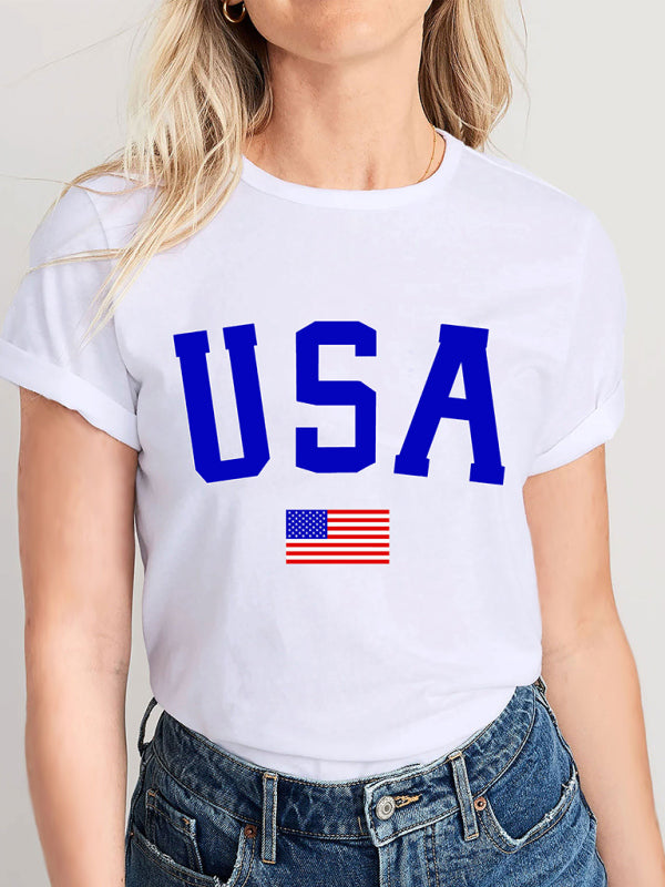 Women's Knitted Round Neck Independence Day Print Short Sleeve T-Shirt White
