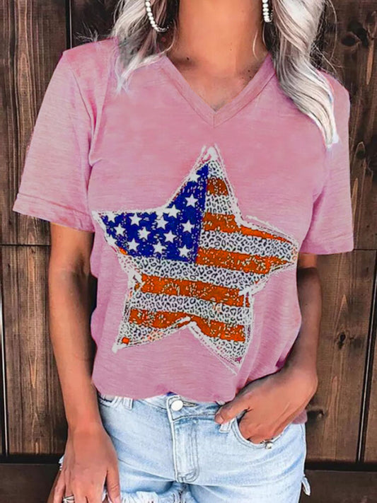 Women's Knitted V-Neck Independence Day Short Sleeve T-Shirt Pink