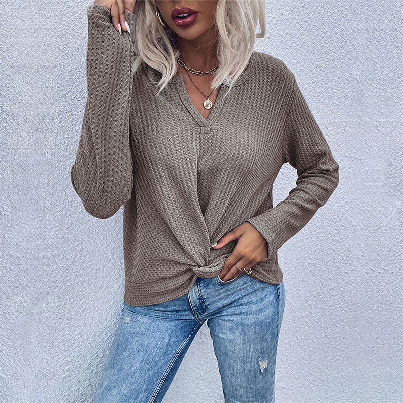 women's waffle kink thin solid color bottoming knitted sweater Khaki