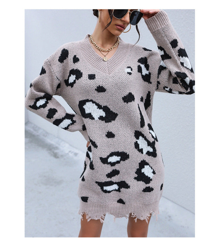 Knit Long Sleeve V-Neck Shabby Leopard Sweater Dress Khaki