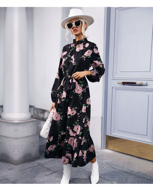 Printed long sleeve semi -collar long skirt dress autumn and winter Photo Color