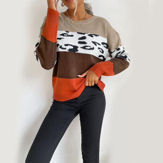 Top Leopard Print Colorblock Long Sleeve Sweater Coffee