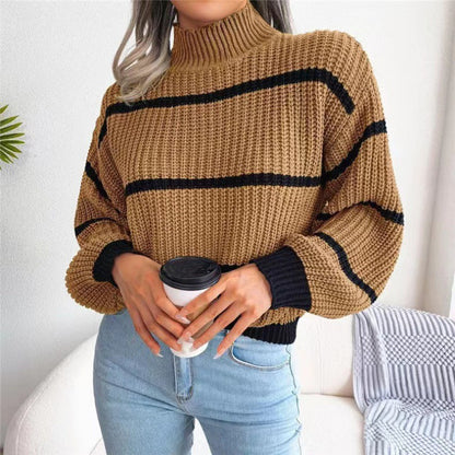 Women's Casual Striped Balloon Sleeve Turtleneck Sweater Khaki FREESIZE