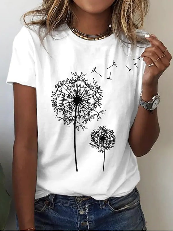 Women's T-shirt Printed Short Sleeve Basic Round Neck Regular Fit White