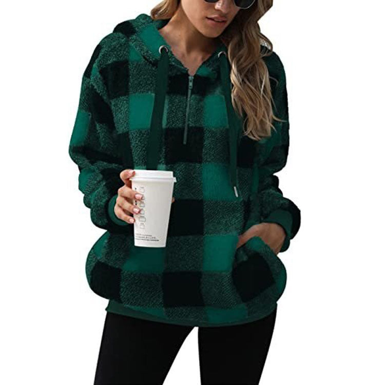 Long sleeve hooded plaid plush women's sweatshirt Black