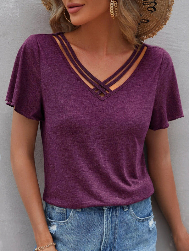 Women's Solid Color Ruffle Sleeve Short Sleeve Top T-Shirt Purplish red