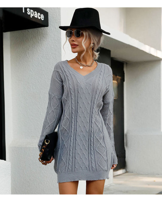 Casual Solid Color Long Sleeve V-Neck Grey Sweater Dress Grey