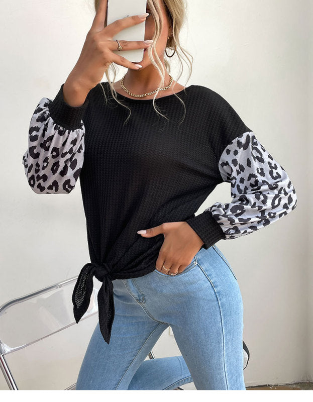 Round Neck Long Sleeve Panelled Leopard Print Black Knit Sweater Black