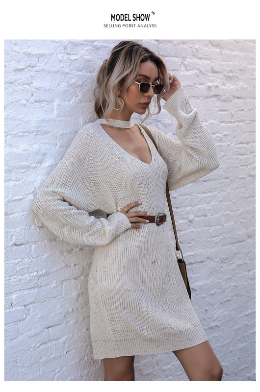 women's pullover low collar long sleeve knitted bottoming sweater dress Cream