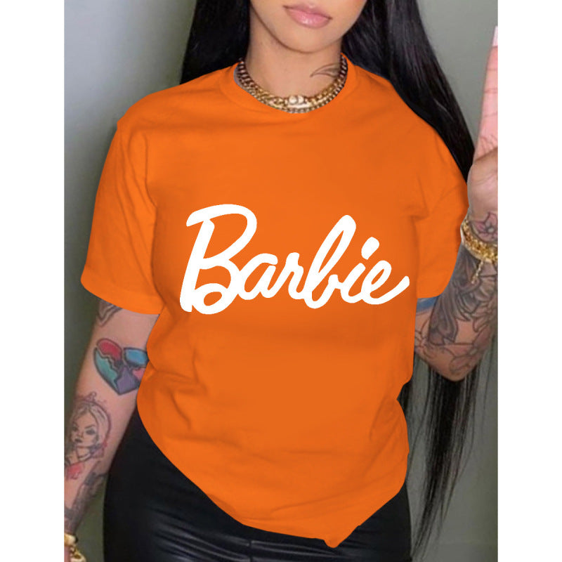 Women's T-shirt Printed Short Sleeve Basic Round Neck Regular Fit Orange