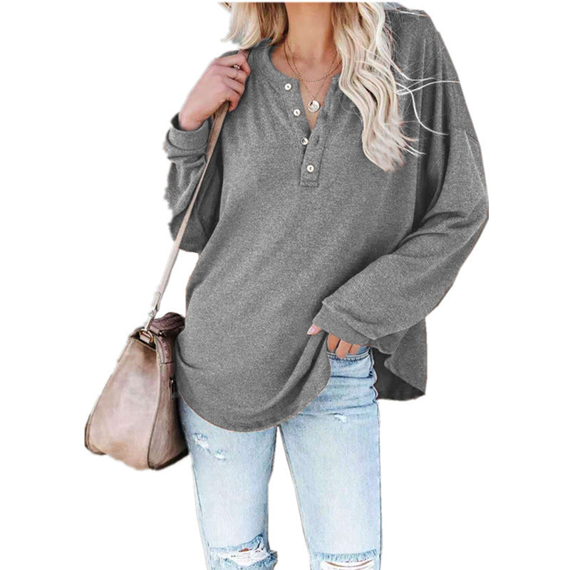 Women's Button V Neck Long Sleeve Knitted Top Grey