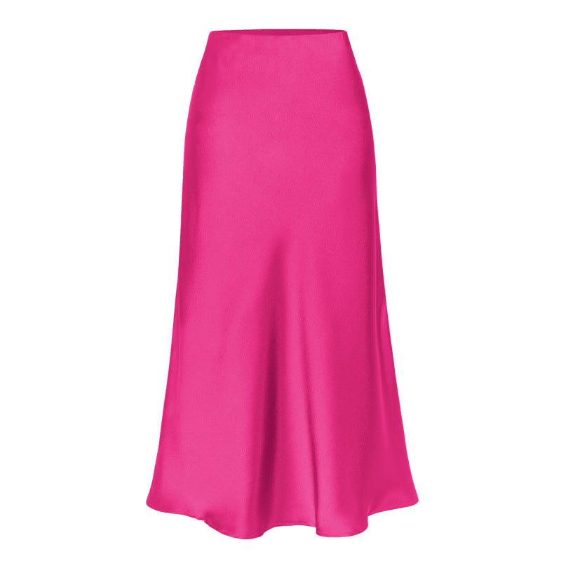 Satin High Waist Solid Color Split Midi Skirt Rose