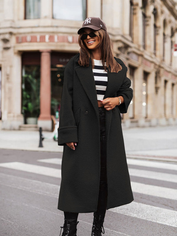 women's oversize loose suit collar woolen coat coat Black