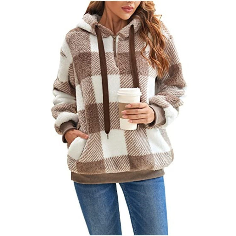 Long sleeve hooded plaid plush women's sweatshirt Red