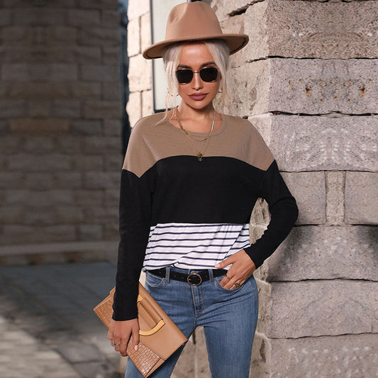 Women's Long Sleeve Panelled Loose Striped Knit Sweater Brown