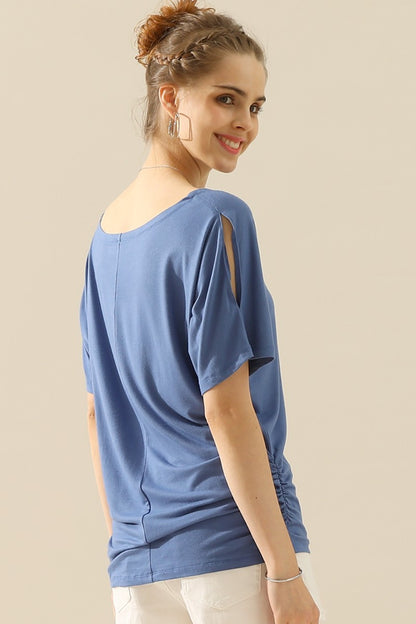 Ruching Side Boat Neck Top with Short Sleeves