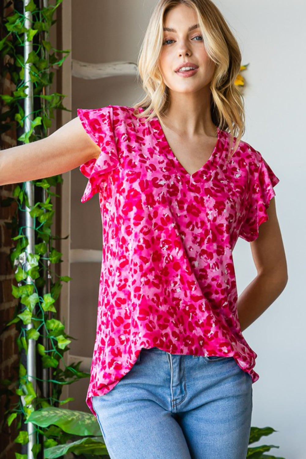 Printed Ruffle Sleeve Top with V-Neck