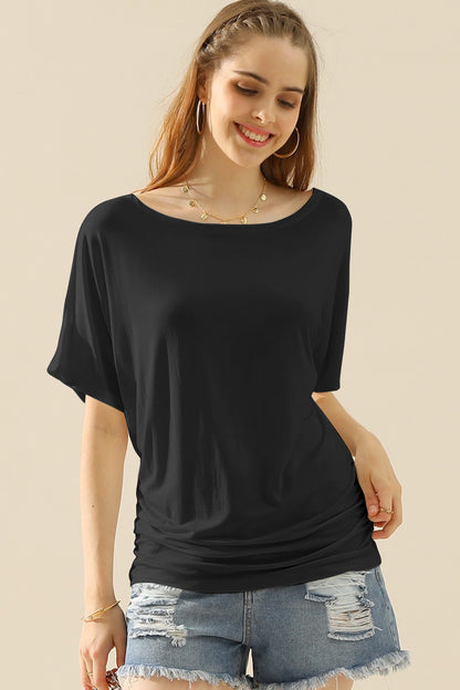 Ruching Side Boat Neck Top with Short Sleeves