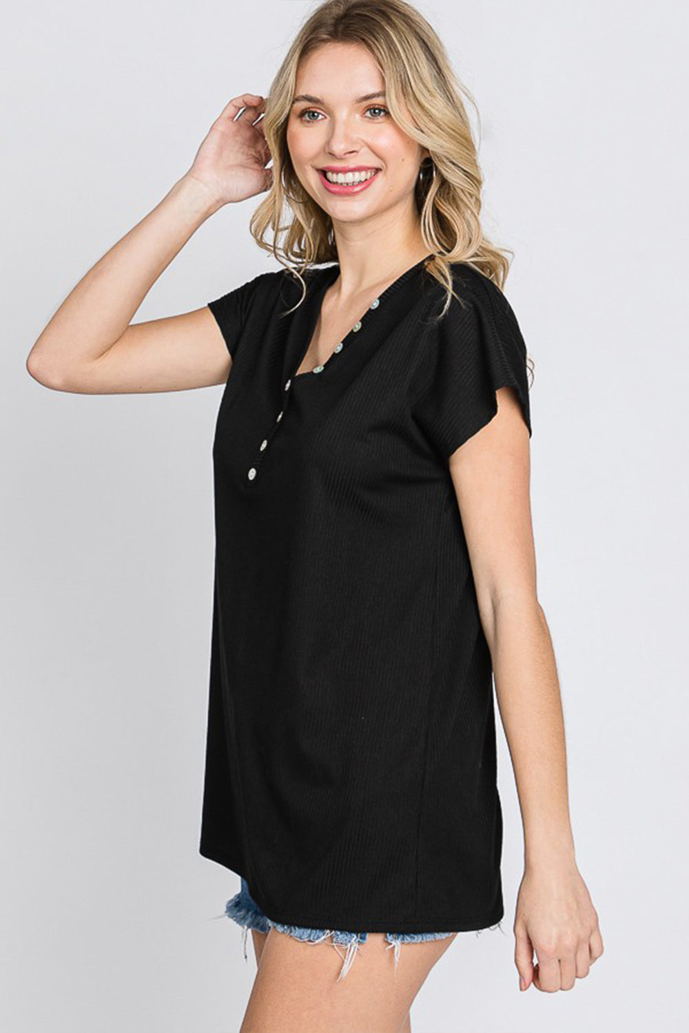 V-Neck Button Up T-Shirt with Short Sleeves
