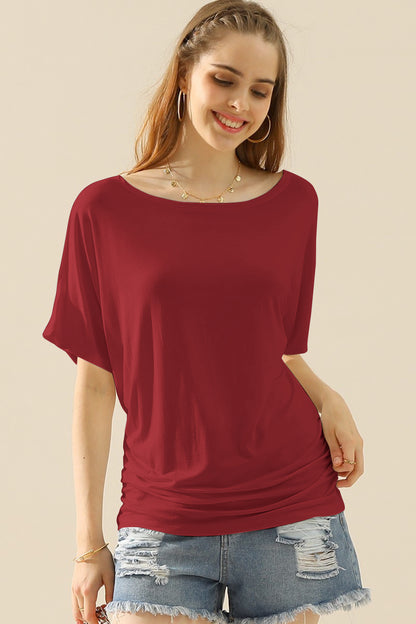 Ruching Side Boat Neck Top with Short Sleeves