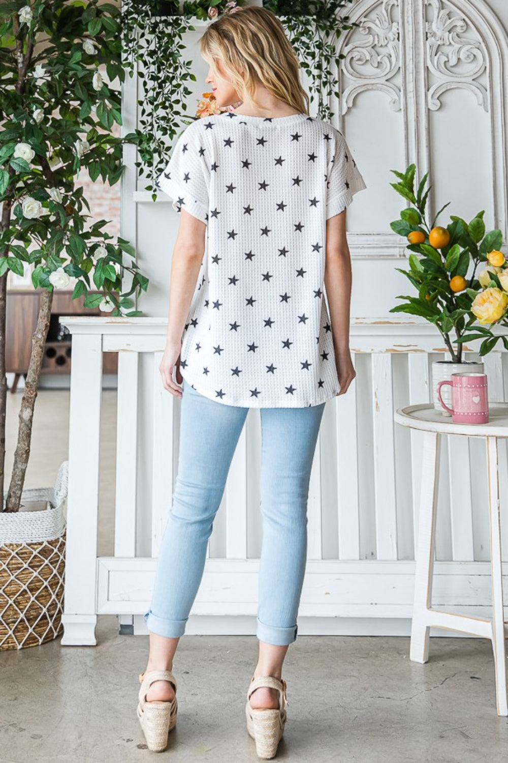 Star Print Waffle Knit Tee with V-Neck