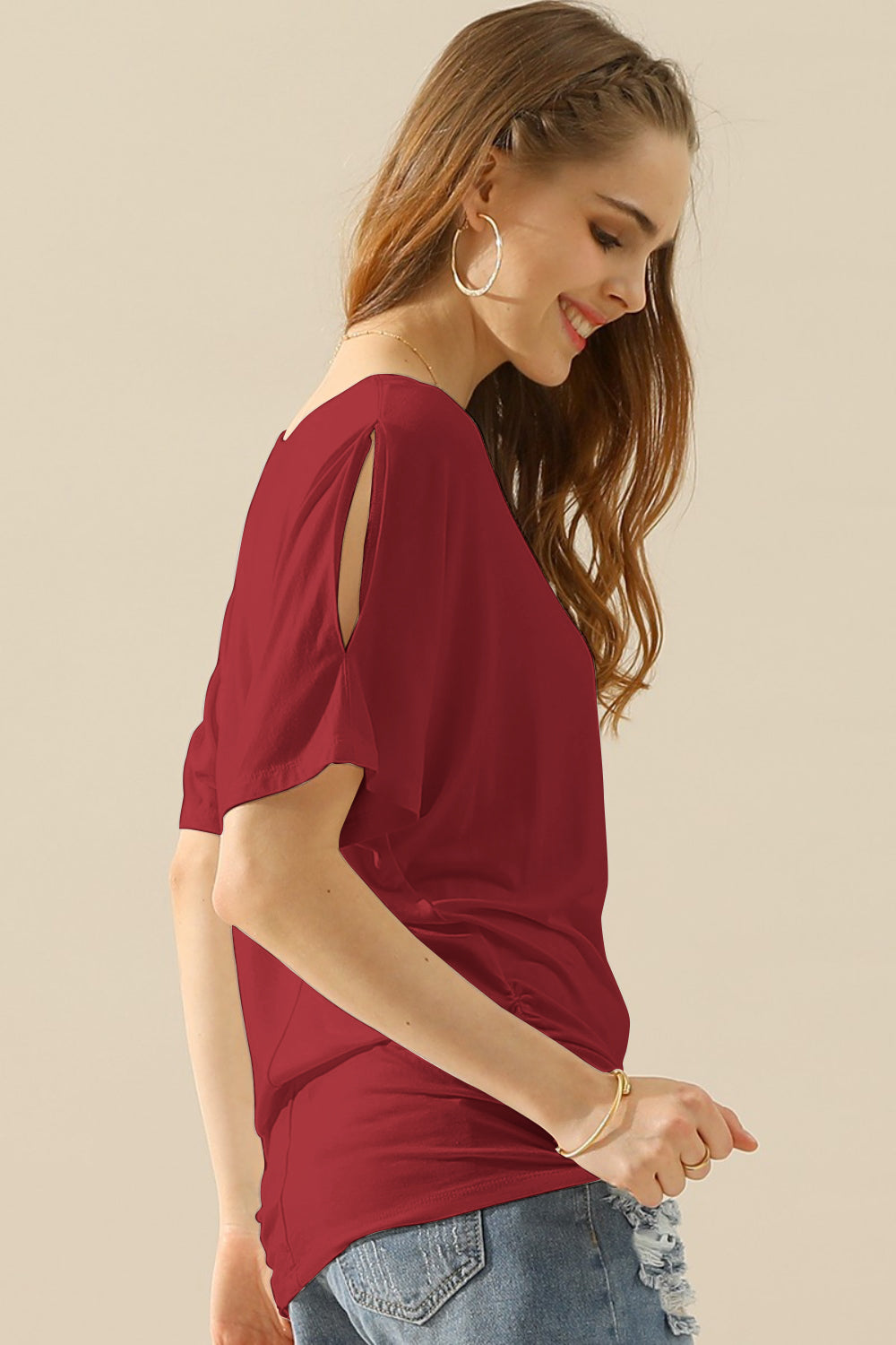 Ruching Side Boat Neck Top with Short Sleeves