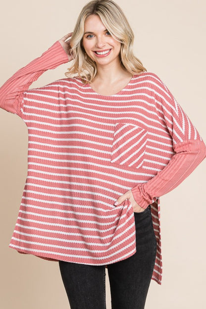 Oversized Striped Long Sleeve Tee with Side Slits