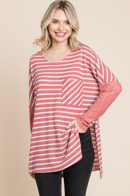 Oversized Striped Long Sleeve Tee with Side Slits DUSTY ROSE COMBO