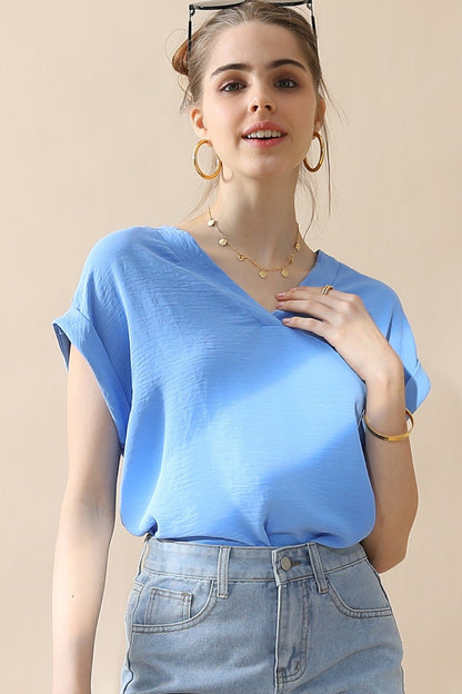 V-Neck Trim Rolled Sleeve Shirt