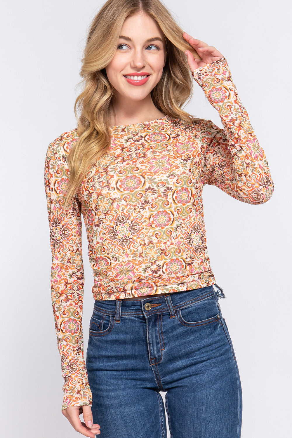 Long Sleeve Ruched Top with Printed Design