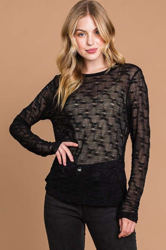 Sheer Mesh Top with Round Neck Black