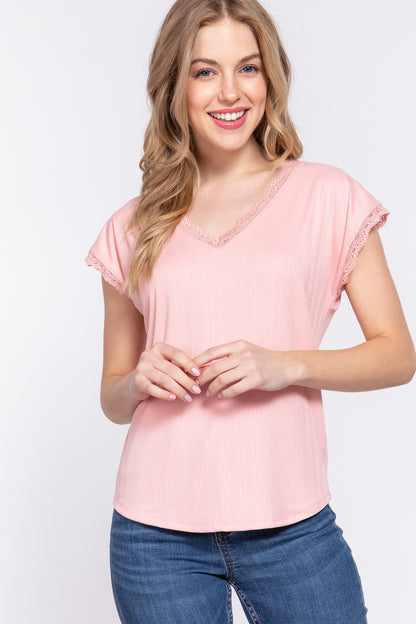 Short Sleeve Lace Trim V-Neck Ribbed Top PINK