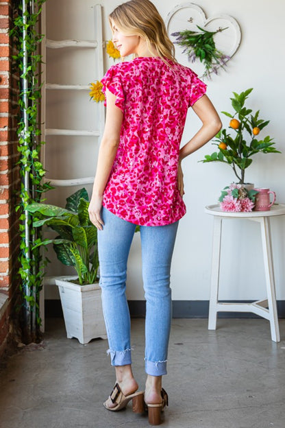 Printed Ruffle Sleeve Top with V-Neck