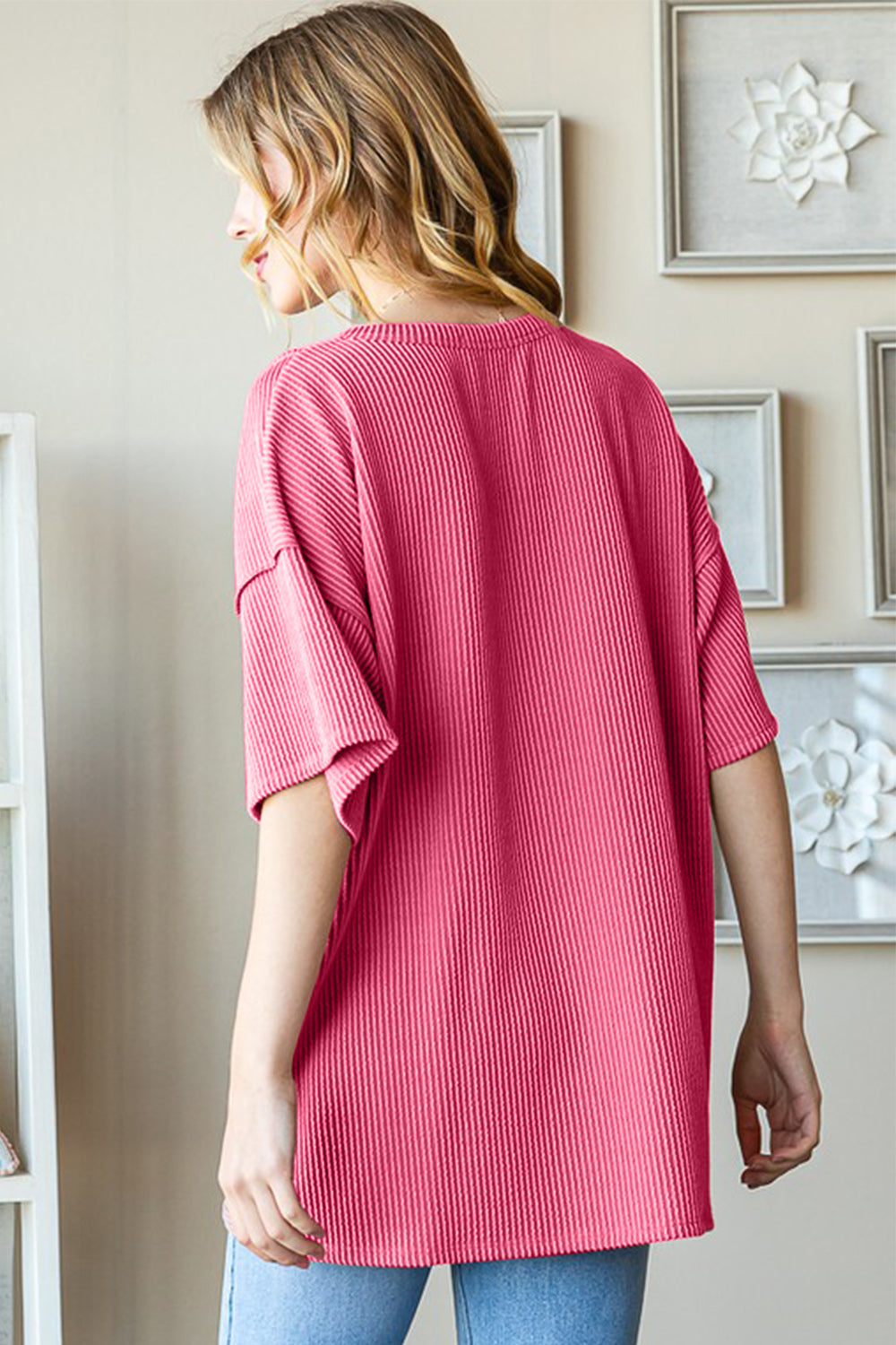 Ribbed Drop Shoulder Top with Half Buttons