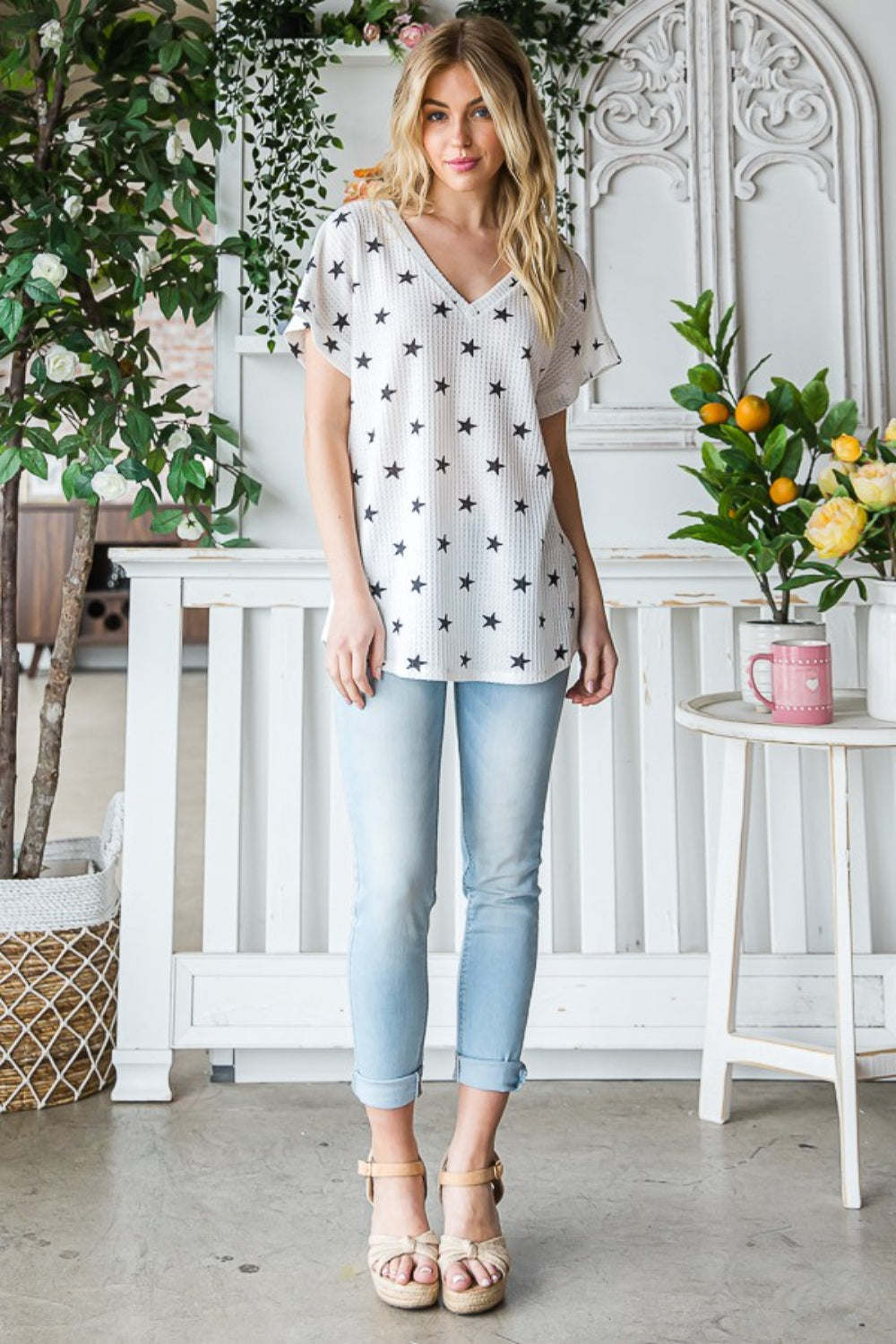 Star Print Waffle Knit Tee with V-Neck